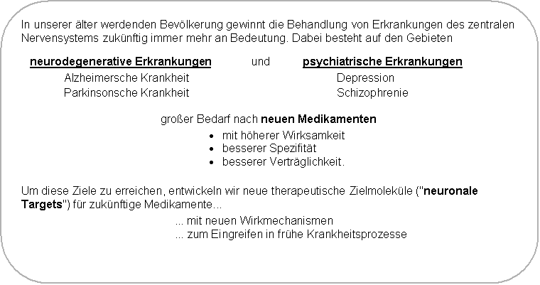 Abgerundetes Rechteck: In unserer �lter werdenden Bev�lkerung gewinnt die Behandlung von Erkrankungen des zentralen Nervensystems zuk�nftig immer mehr an Bedeutung. Dabei besteht auf den Gebieten 
neurodegenerative Erkrankungen	und 	psychiatrische Erkrankungen
	Alzheimersche Krankheit 	Depression
	Parkinsonsche Krankheit 	Schizophrenie 
gro�er Bedarf nach neuen Medikamenten
�	mit h�herer Wirksamkeit 
�	besserer Spezifit�t 
�	besserer Vertr�glichkeit. 
Um diese Ziele zu erreichen, entwickeln wir neue therapeutische Zielmolek�le ("neuronale Targets") f�r zuk�nftige Medikamente... 
	... mit neuen Wirkmechanismen 
	... zum Eingreifen in fr�he Krankheitsprozesse
