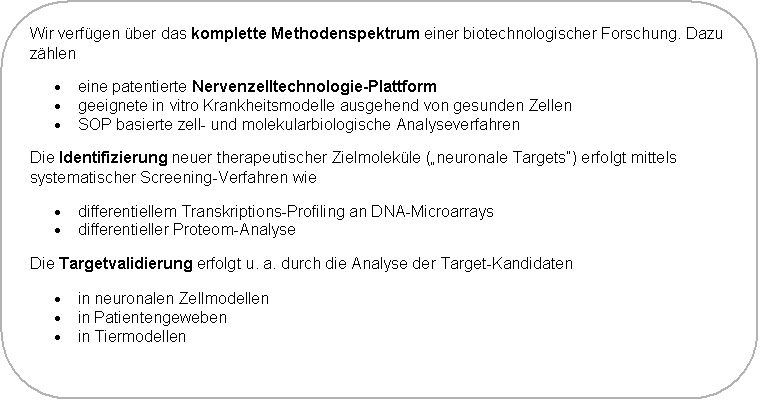 Abgerundetes Rechteck: Wir verf�gen �ber das komplette Methodenspektrum einer biotechnologischer Forschung. Dazu z�hlen
�	eine patentierte Nervenzelltechnologie-Plattform
�	geeignete in vitro Krankheitsmodelle ausgehend von gesunden Zellen
�	SOP basierte zell- und molekularbiologische Analyseverfahren
Die Identifizierung neuer therapeutischer Zielmolek�le (�neuronale Targets�) erfolgt mittels systematischer Screening-Verfahren wie
�	differentiellem Transkriptions-Profiling an DNA-Microarrays
�	differentieller Proteom-Analyse
Die Targetvalidierung erfolgt u. a. durch die Analyse der Target-Kandidaten
�	in neuronalen Zellmodellen
�	in Patientengeweben
�	in Tiermodellen
