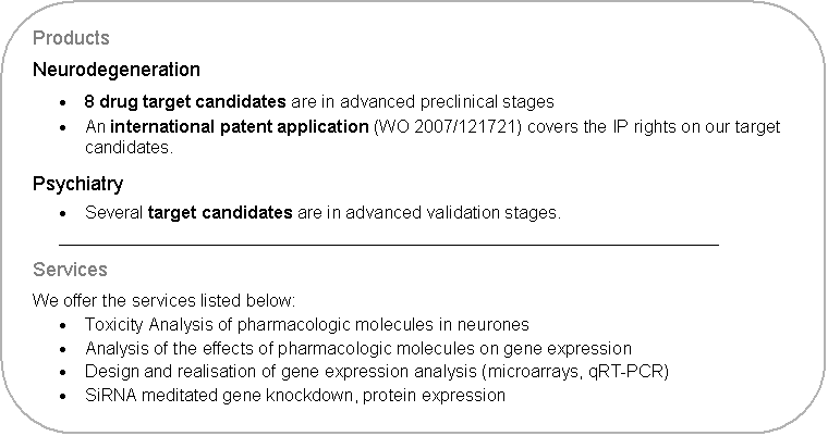 Abgerundetes Rechteck: Products
Neurodegeneration
�	8 drug target candidates are in advanced preclinical stages 
�	An international patent application (WO 2007/121721) covers the IP rights on our target candidates.
Psychiatry
�	Several target candidates are in advanced validation stages.
____________________________________________________________________
Services
We offer the services listed below:
�	Toxicity Analysis of pharmacologic molecules in neurones
�	Analysis of the effects of pharmacologic molecules on gene expression
�	Design and realisation of gene expression analysis (microarrays, qRT-PCR)
�	SiRNA meditated gene knockdown, protein expression

