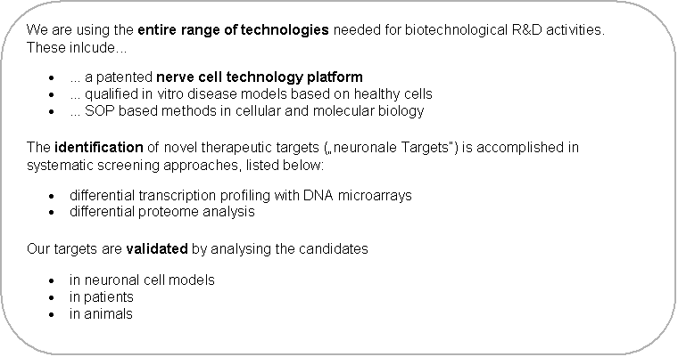 Abgerundetes Rechteck: We are using the entire range of technologies needed for biotechnological R&D activities. These inlcude...
�	... a patented nerve cell technology platform
�	... qualified in vitro disease models based on healthy cells
�	... SOP based methods in cellular and molecular biology
The identification of novel therapeutic targets (�neuronale Targets�) is accomplished in systematic screening approaches, listed below:
�	differential transcription profiling with DNA microarrays
�	differential proteome analysis
Our targets are validated by analysing the candidates
�	in neuronal cell models
�	in patients
�	in animals
